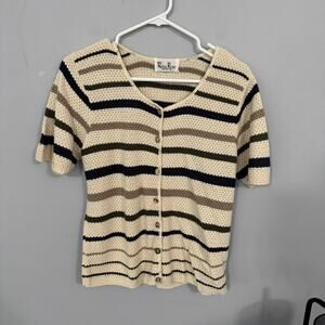 Vintage Reba Rose Striped Short Sleeve Button Down Knit Top Approx Size Large